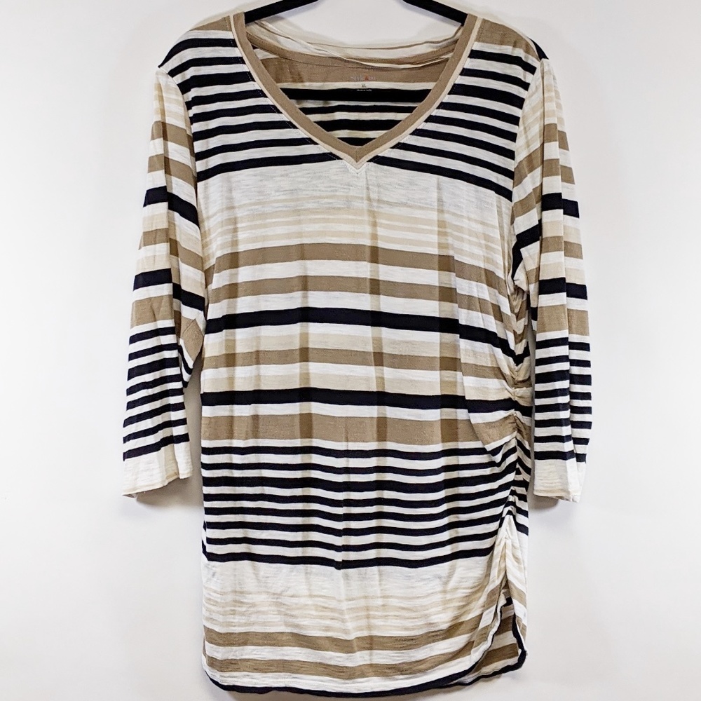 Style & Co. Beige Black White Striped V-Neck Long Sleeve Tee